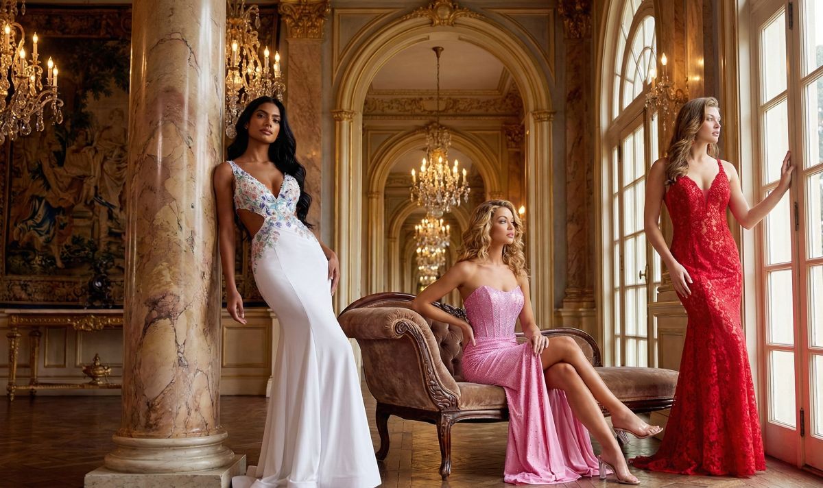 Elegant prom dress trends showing a white floral cutout gown, pink strapless sequin dress with slit, and a red lace mermaid evening gown.