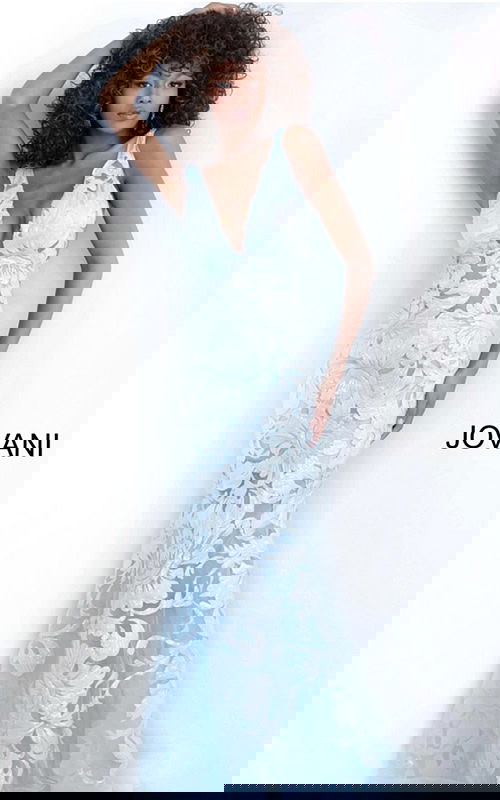 model wearing Jovani 60283 light blue dress with floral applique, front view