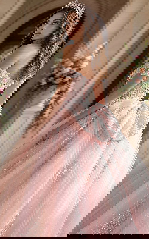 side of corset bodice ball gown with big bow in the back  Q43434