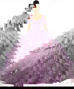 Tiered lavender ball gown with 3D floral appliqués