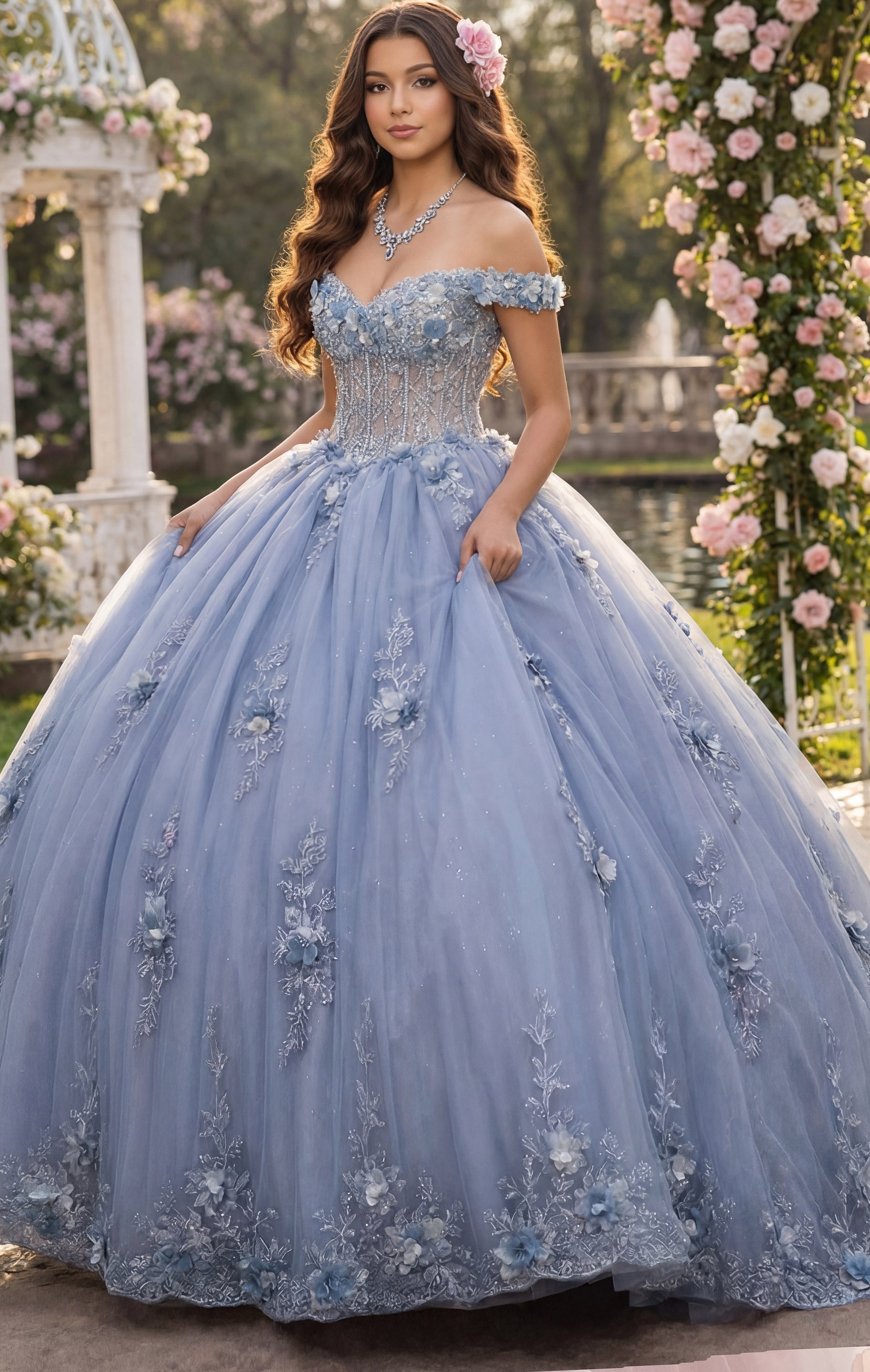 jacquard layered tulle dress　S Off Shoulder Ball Gown with Layered Skirt Q43820 | Jovani
