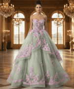 green and pink layered dress  Q45685