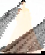 Off-shoulder ball gown with floral appliqués