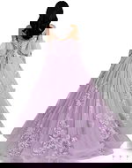 purple a line dress with puffy sleeves Q46664