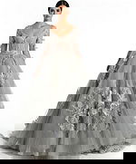 Long sleeve silver ball gown with floral appliqués