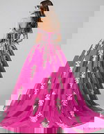 Off-shoulder fuchsia ball gown with silver embroidery