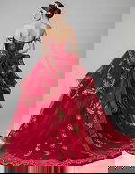 Off-shoulder red ball gown with oversized bow and gold embroidery