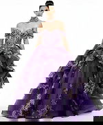 Tiered purple ball gown with ornate gold embellishments Q48439