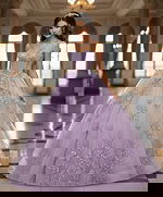 Strapless Lavender Ball Gown with Floral Lace Q43812