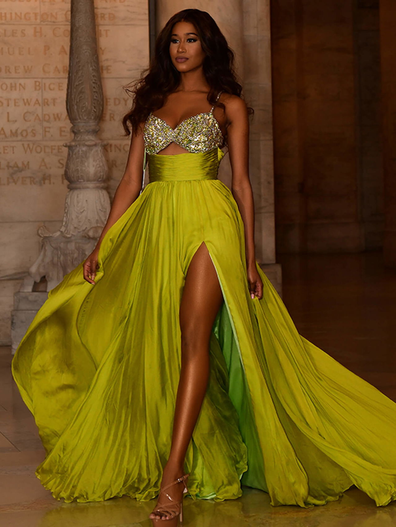 Jovani S05823 Lime Chiffon High Slit Couture Gown | Jovani
