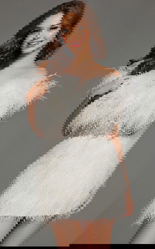 model wearing S2317 off-the-shoulder white feather mini dress with embellished waistband