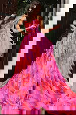 Strapless sweetheart gown with flowing abstract print skirt