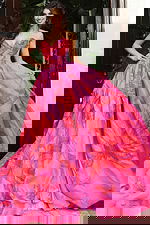 Strapless sweetheart ball gown with bold abstract print