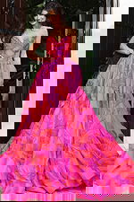 Strapless pink ball gown with printed skirt