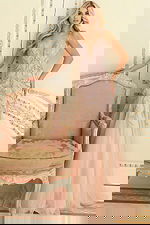 Blush embellished gown with deep V neckline and tulle skirt