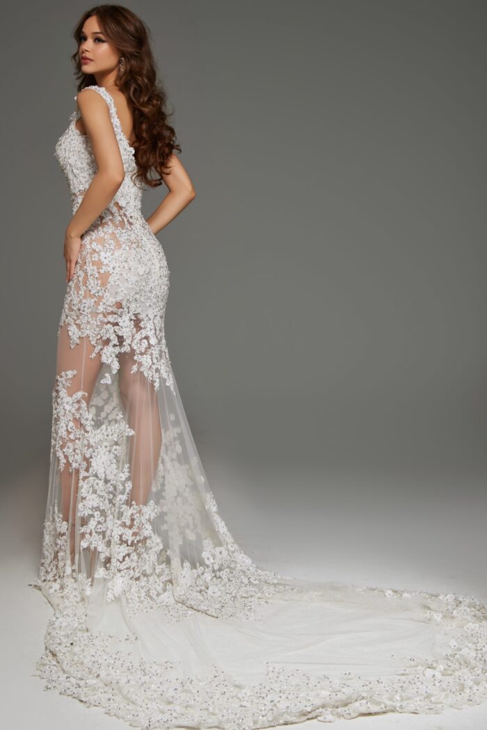 model wearing S65052 back view showcasing train detail