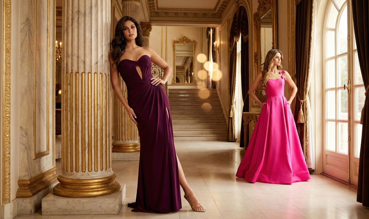 Elegant simple prom dresses featuring a deep purple strapless cutout gown and a hot pink satin ballgown with pockets.