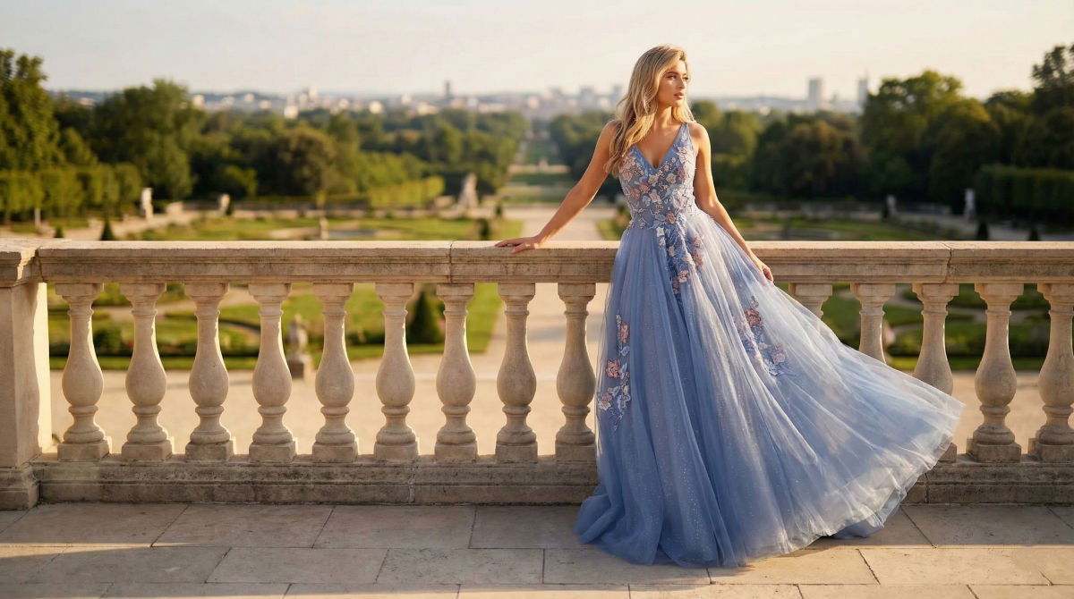 Cinderella-style blue tulle prom dress with floral embroidery and an A-line silhouette on a scenic balcony.