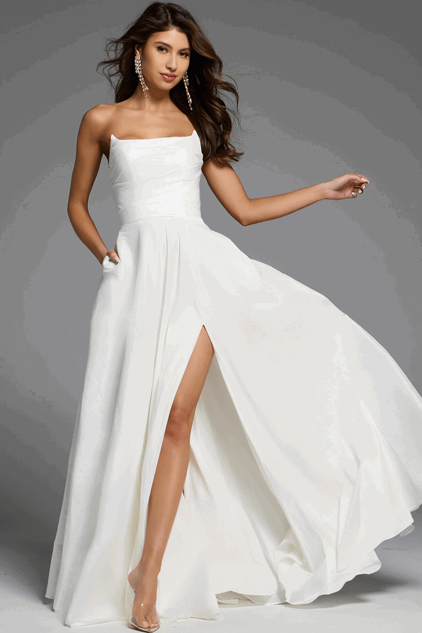 Strapless Ivory Gown With High Slit And Flowing A-Line Skirt D5822
