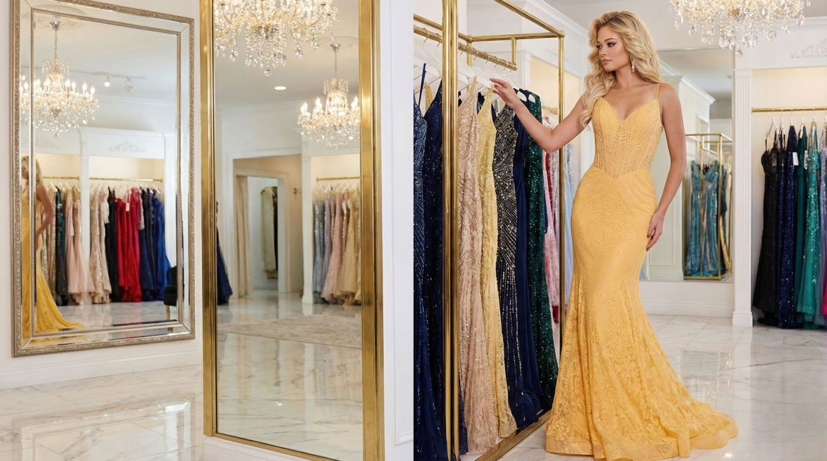 Woman wearing a gold gown browsing through a rack of colorful sequin dresses in a luxury prom dress boutique.