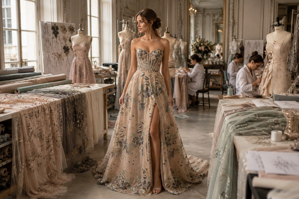Floral couture gown in atelier flou