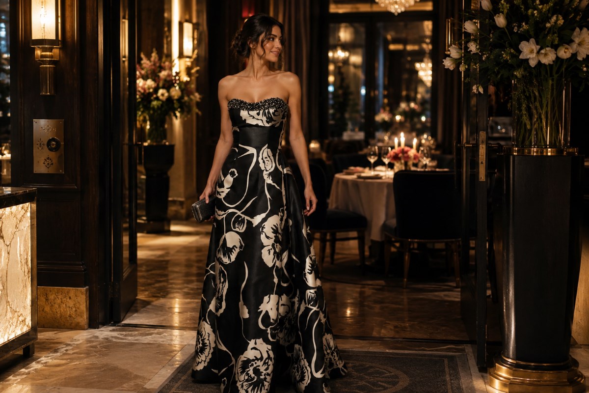 Black floral gown entering anniversary dinner