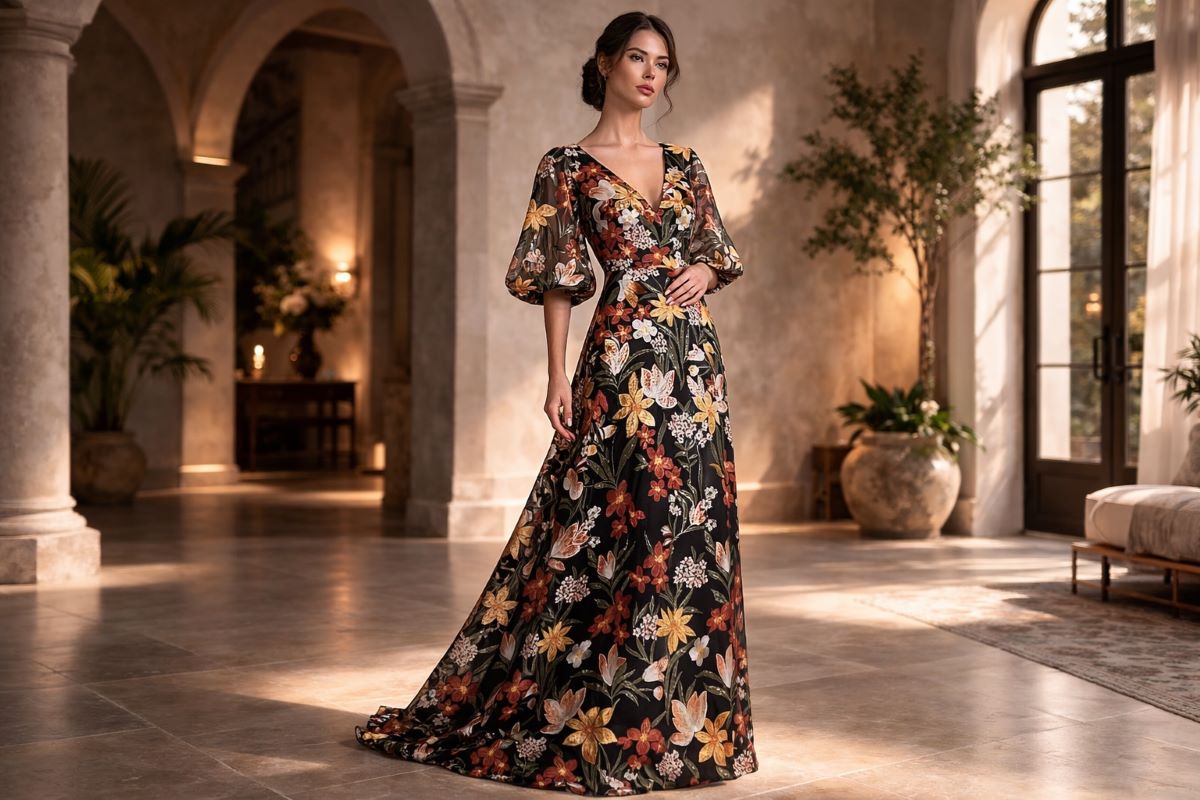 Black floral floor length gown with puff sleeves and V neckline