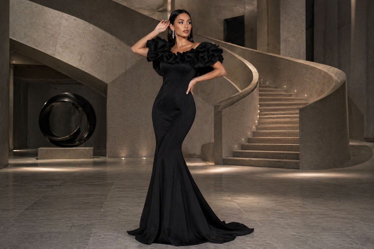 black mermaid gown with ruffled neckline