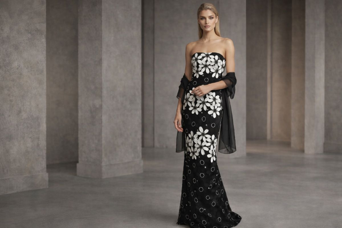 Black strapless column gown with white floral appliqué and shawl