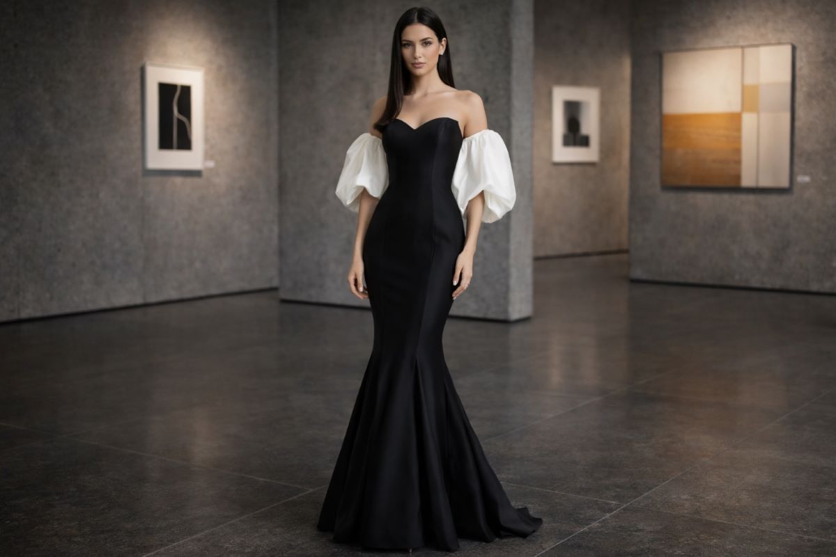 Black strapless mermaid evening gown with white detachable puff sleeves in a modern gallery