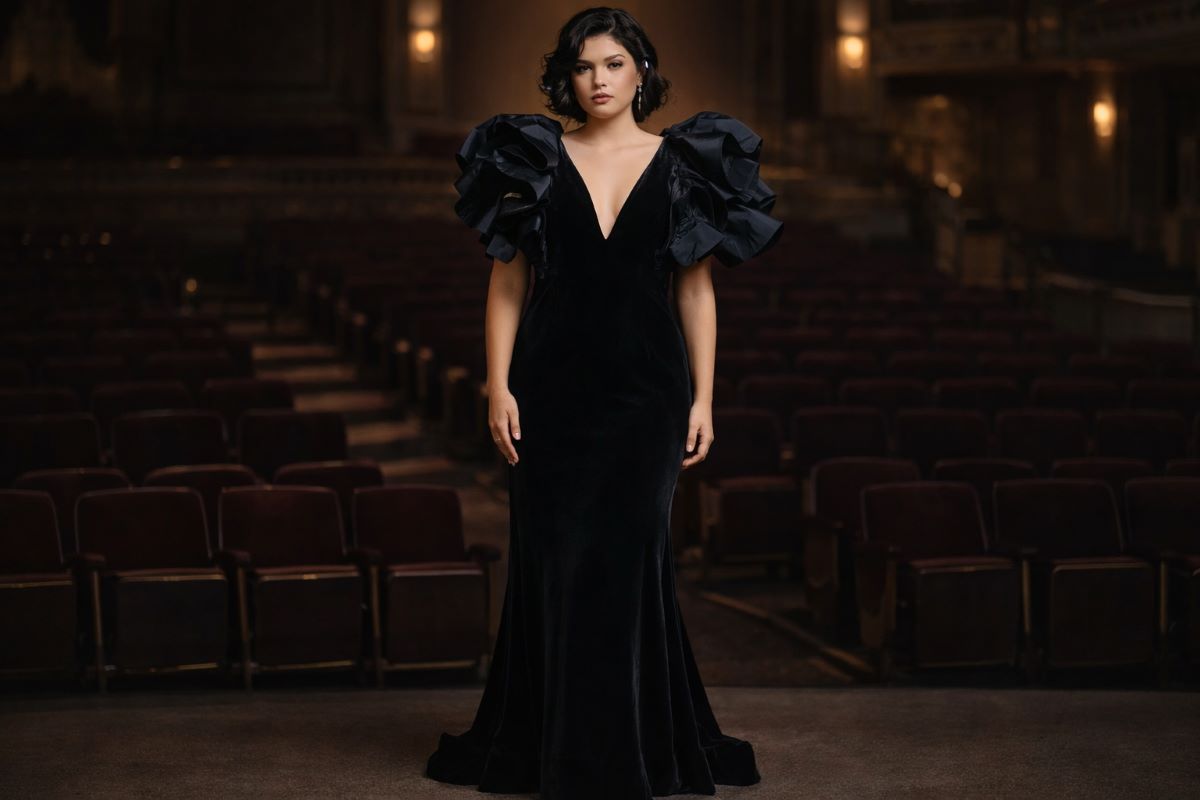 Black velvet gown with ruffled shoulders