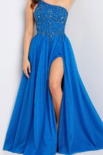 one shoulder dress with high slit in blue 25688