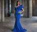 Blue asymmetric off shoulder mermaid gown