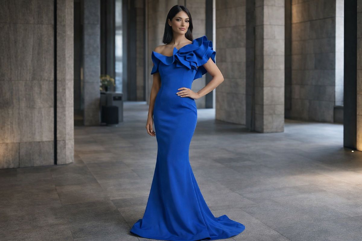 Blue asymmetric off shoulder mermaid gown