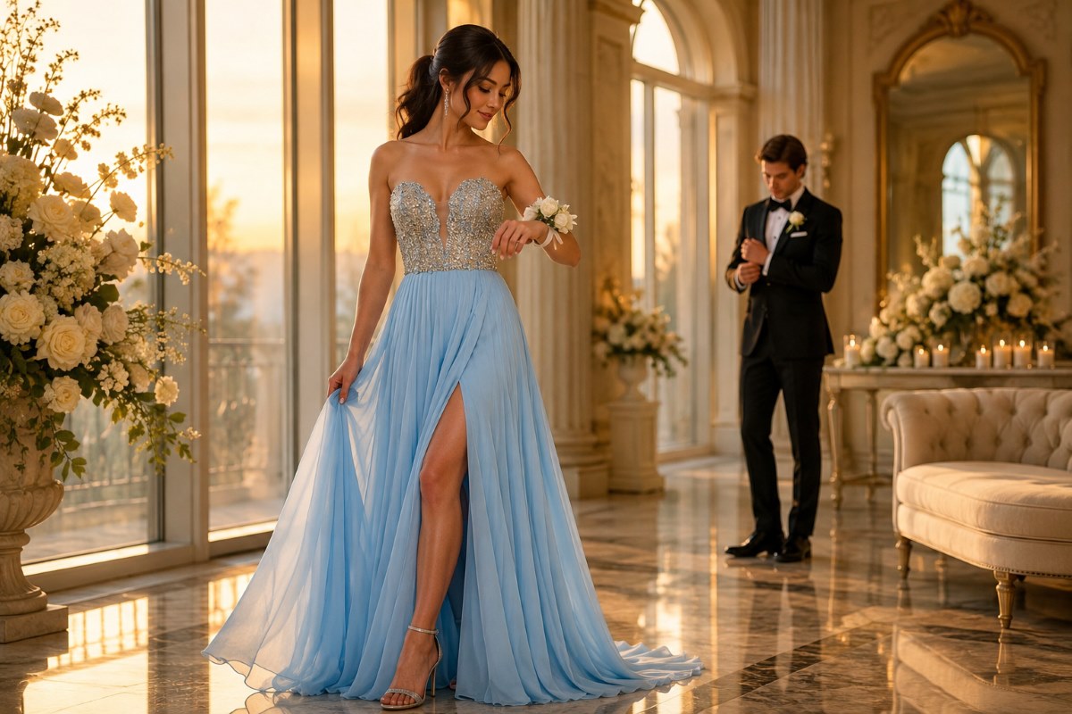 Blue prom gown with matching corsage and boutonniere