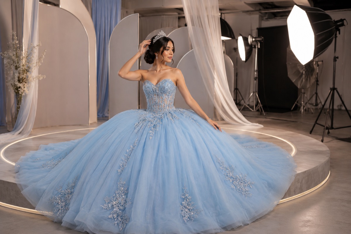 Blue quinceanera gown in luxury studio
