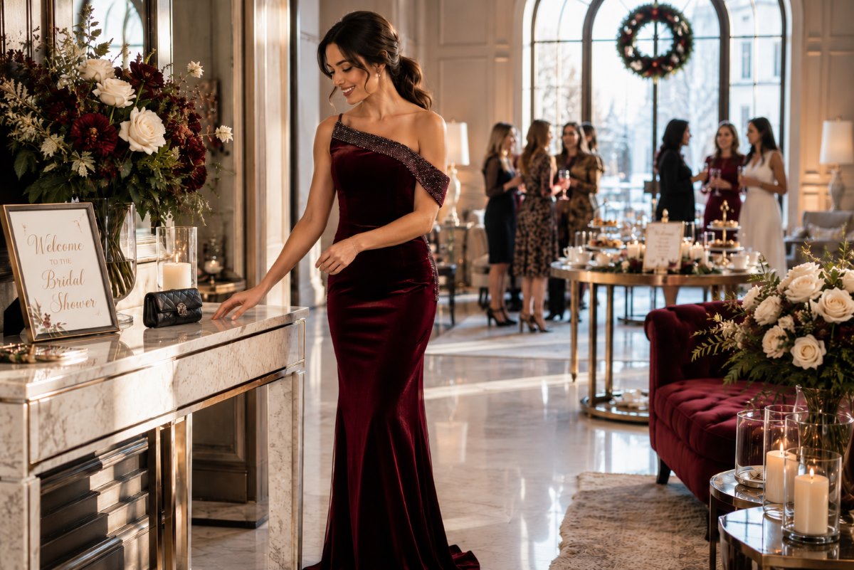 Burgundy velvet winter bridal shower gown