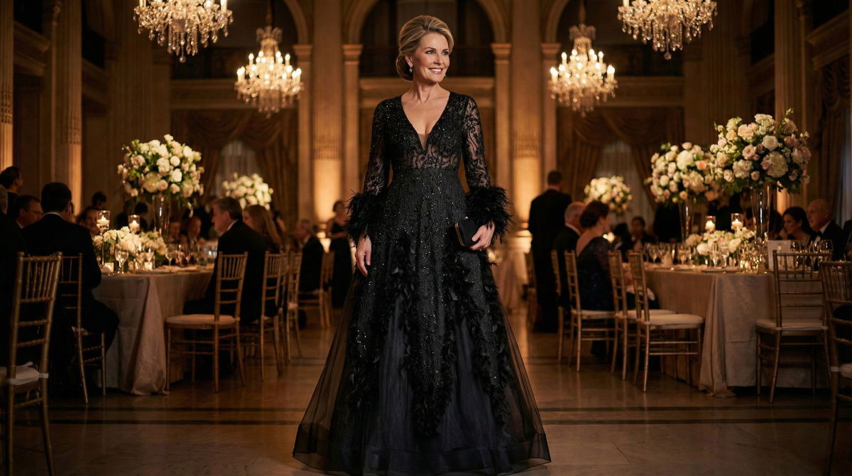 Mother of the bride in a black beaded feather gown at a luxury wedding reception.