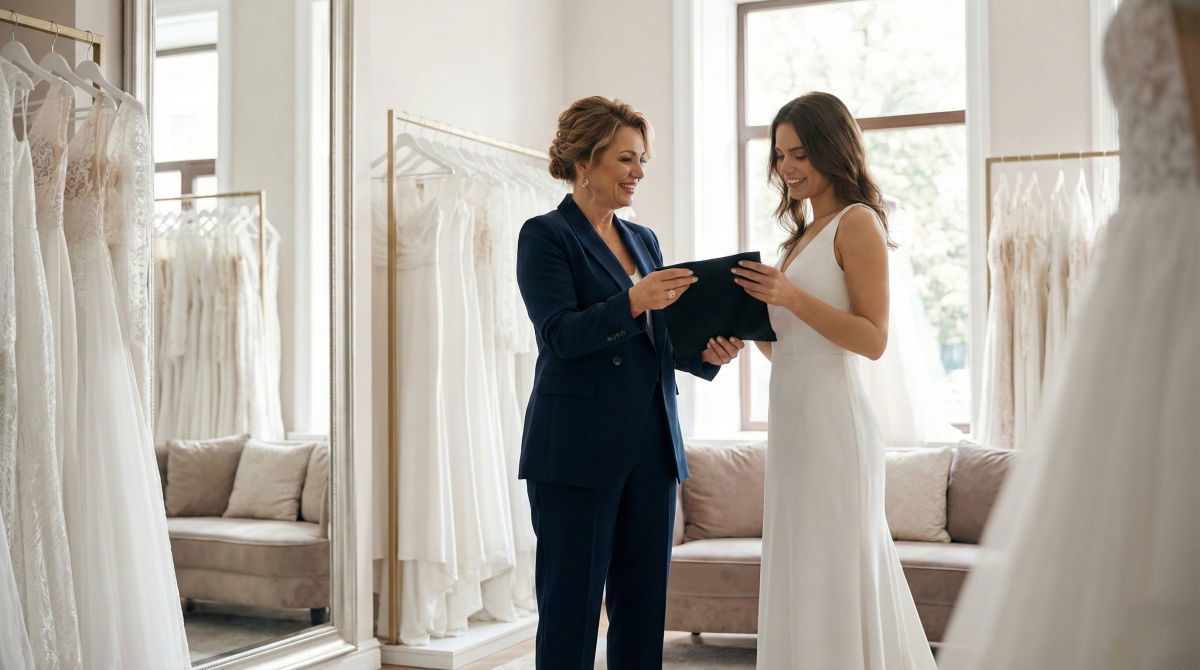 Mother of the bride and daughter in a bridal boutique discussing a black fabric swatch.
