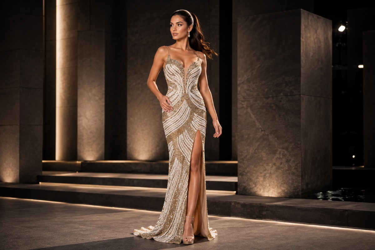 Champagne beaded gown with contrast backdrop