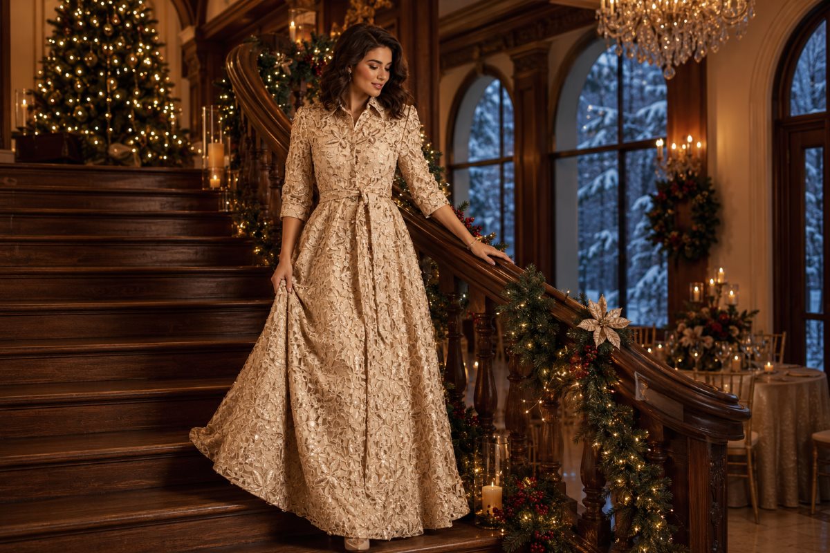 Champagne jacquard Christmas church evening gown