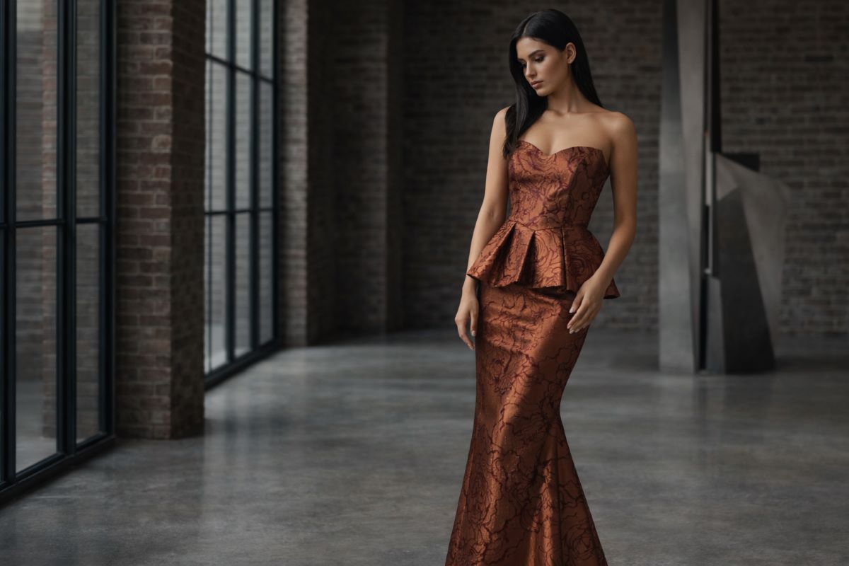Strapless copper peplum satin gown