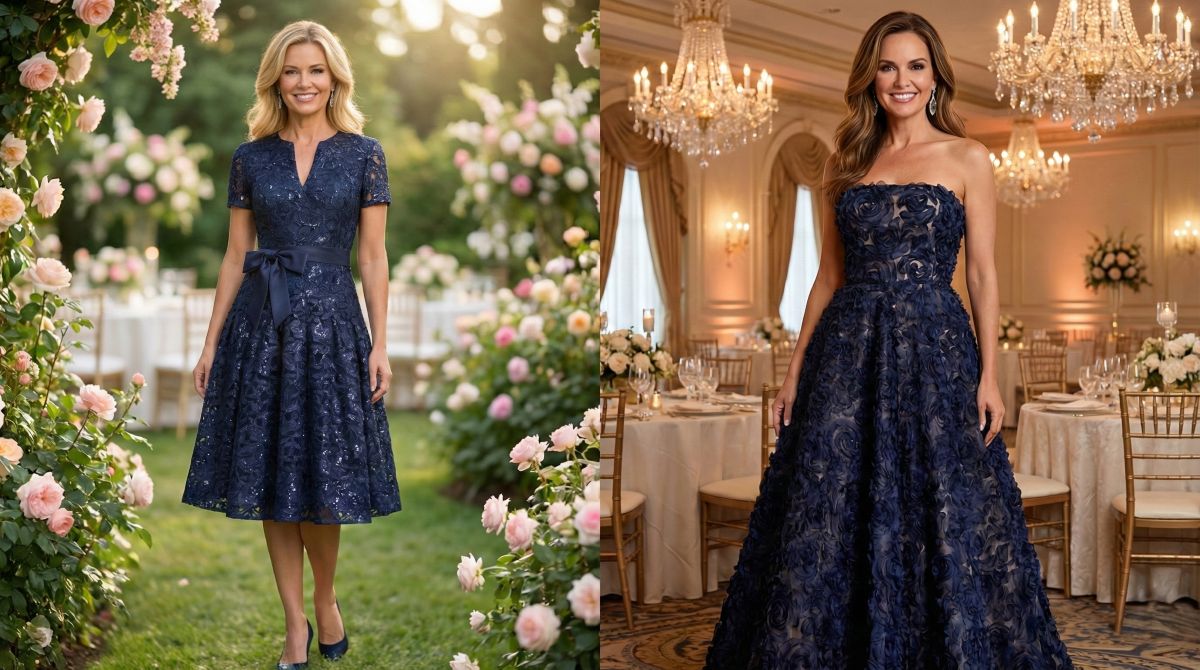 Two women in navy dresses. Left: Mother of the bride in short lace dress, garden setting. Right: Woman in long strapless gown, ballroom.