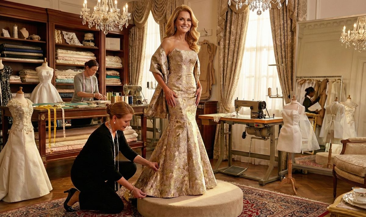 Elegant gold jacquard evening gown fitting in luxury atelier