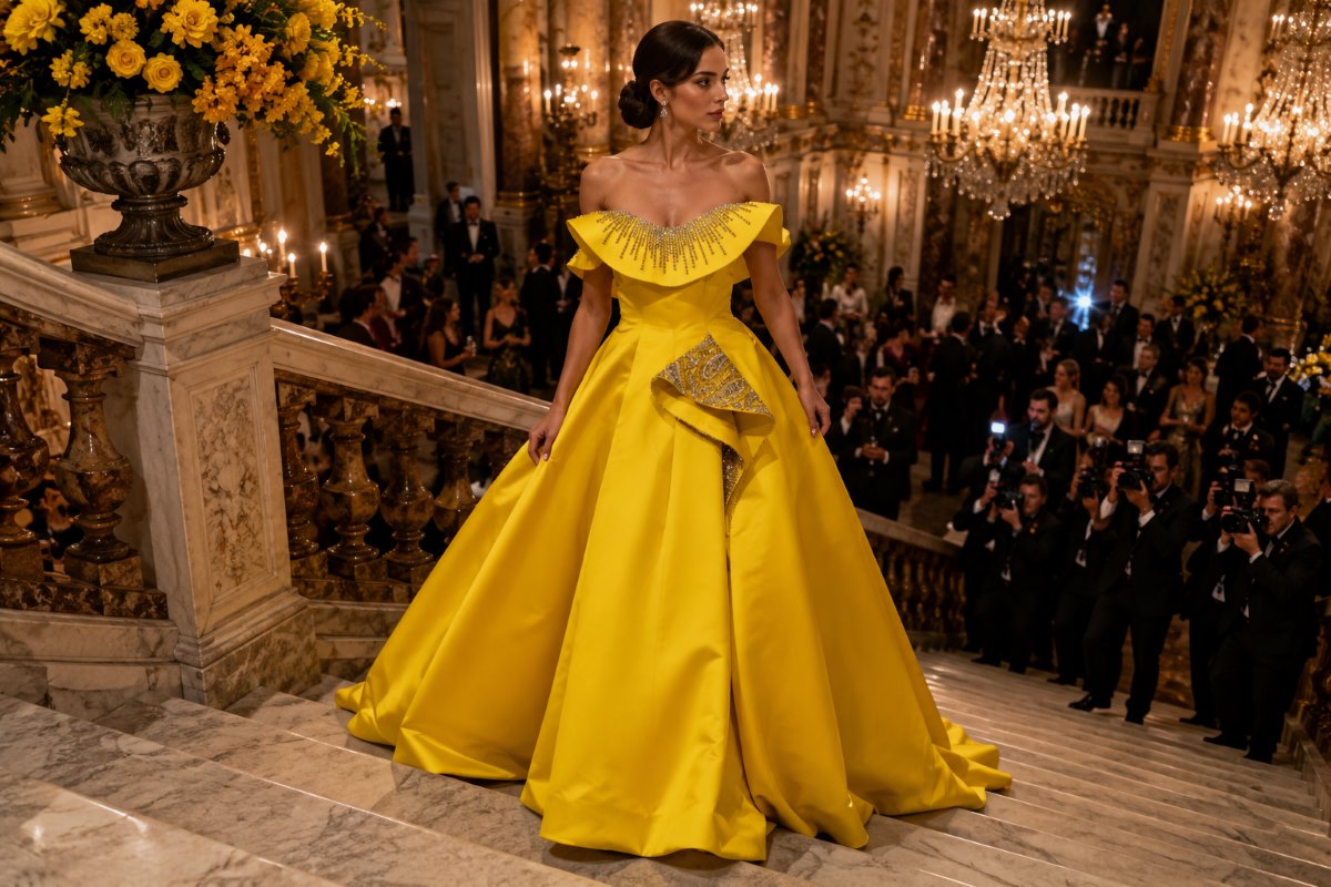 Exclusive couture yellow gala gown