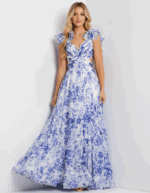 Ruffle Shoulder Floral A Line Gown With Cutouts 49143 - Image 9