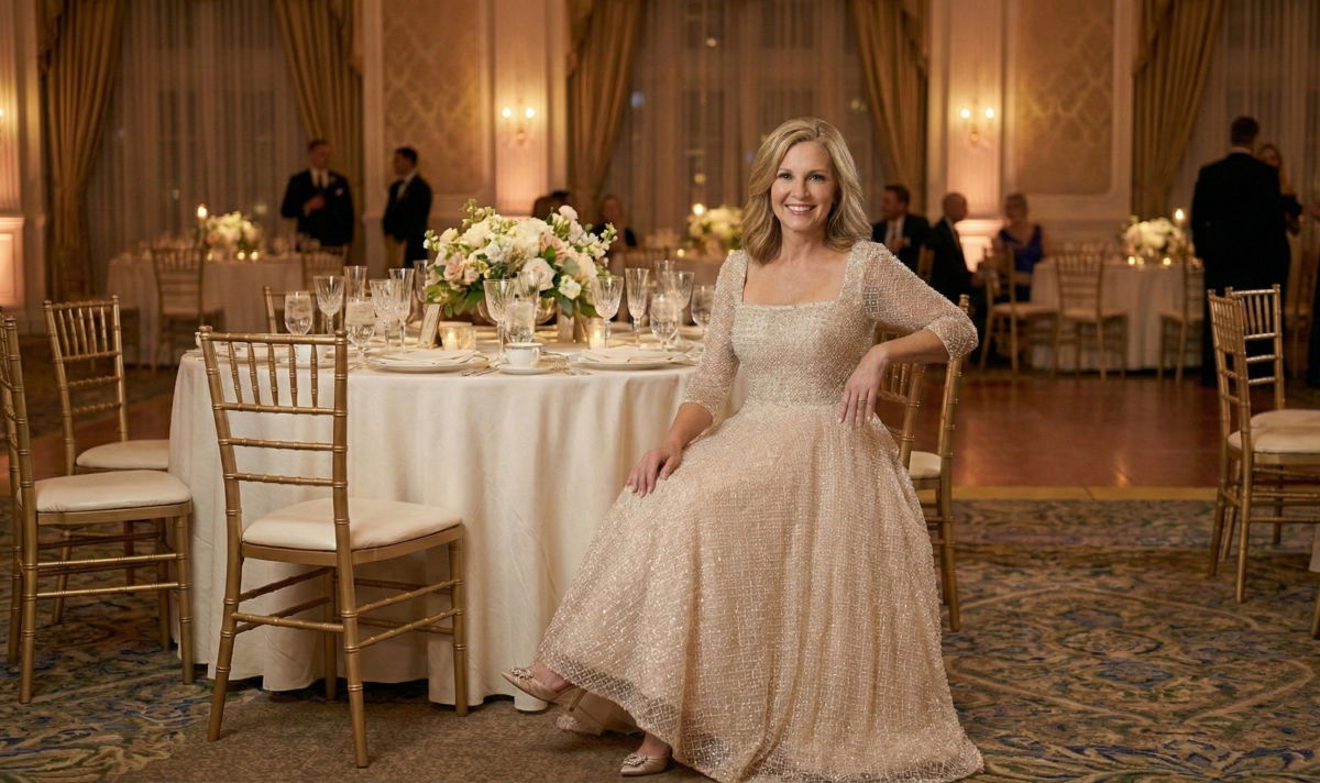 Modest champagne beaded mother of the bride dress with sleeves and square neckline.