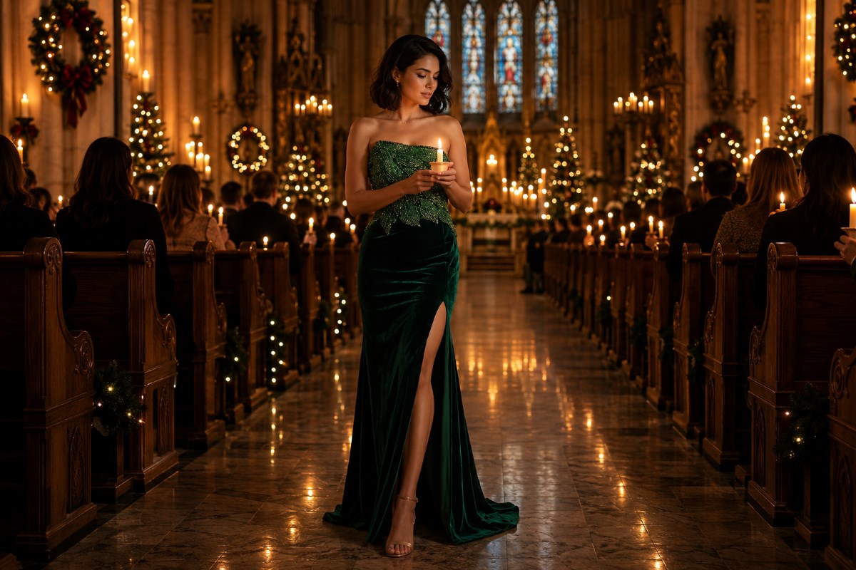 Emerald candlelight service velvet evening gown