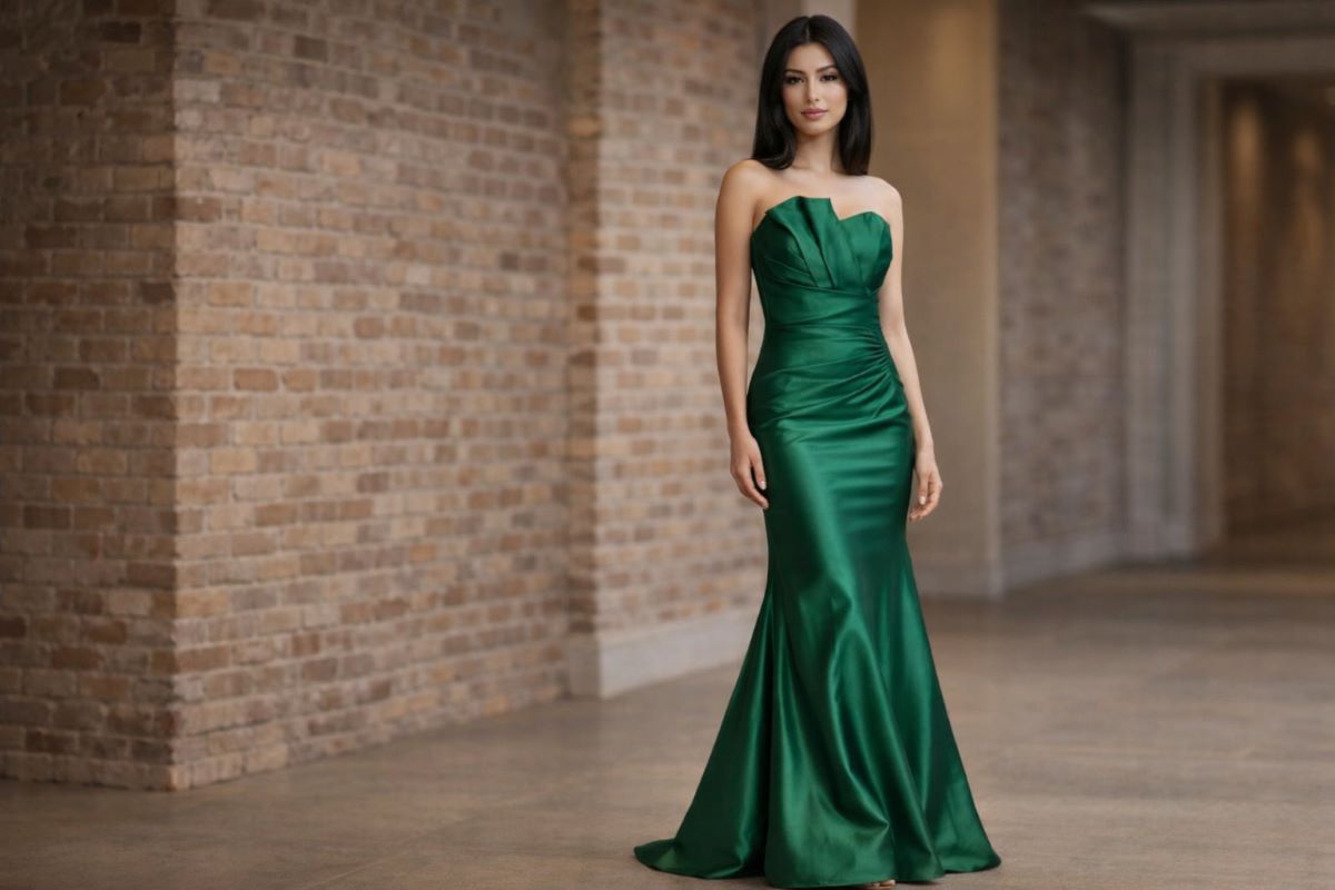 Emerald green strapless satin mermaid gown with defined waist