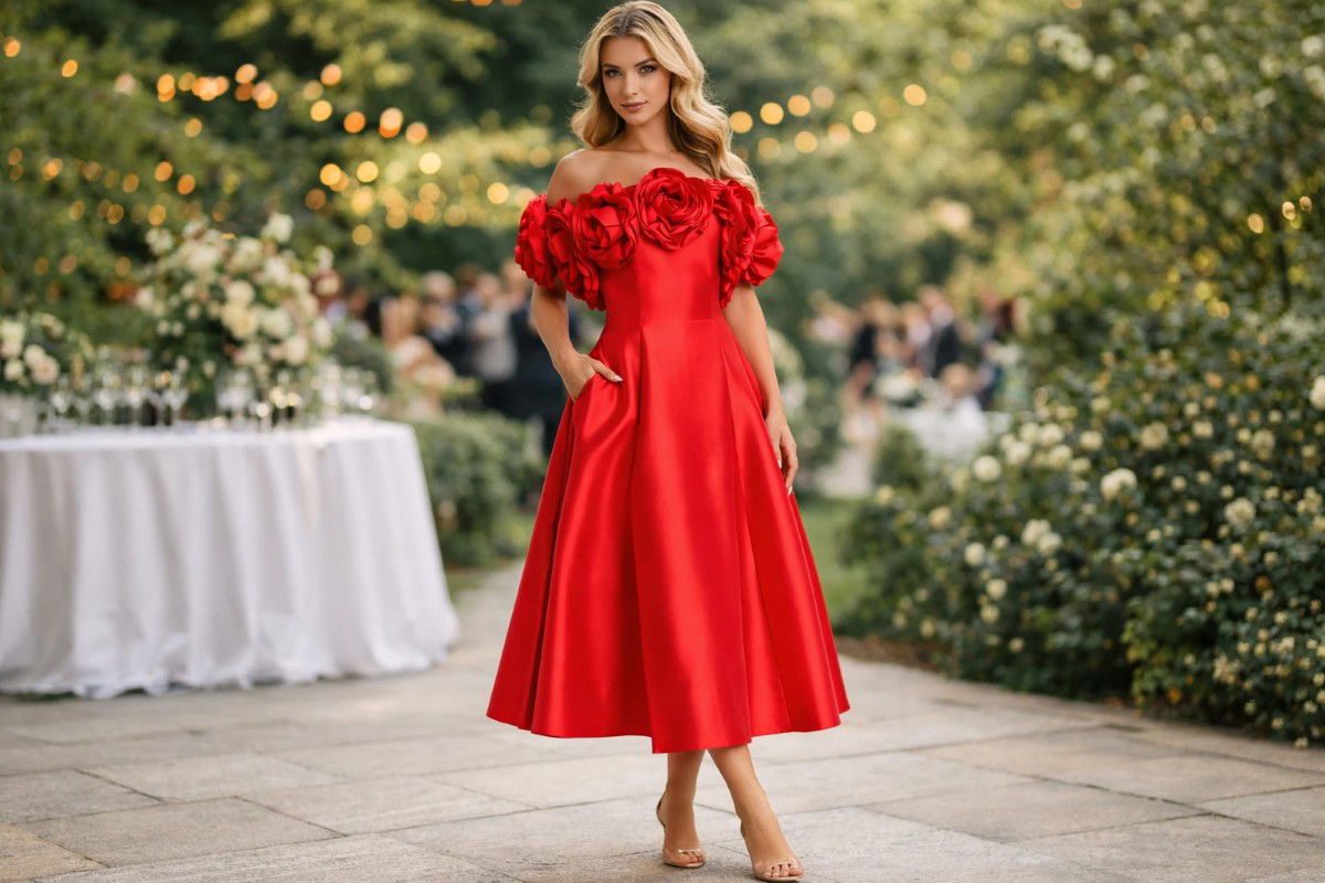 Red satin midi evening dress with off-the-shoulder floral rosette neckline and A-line
